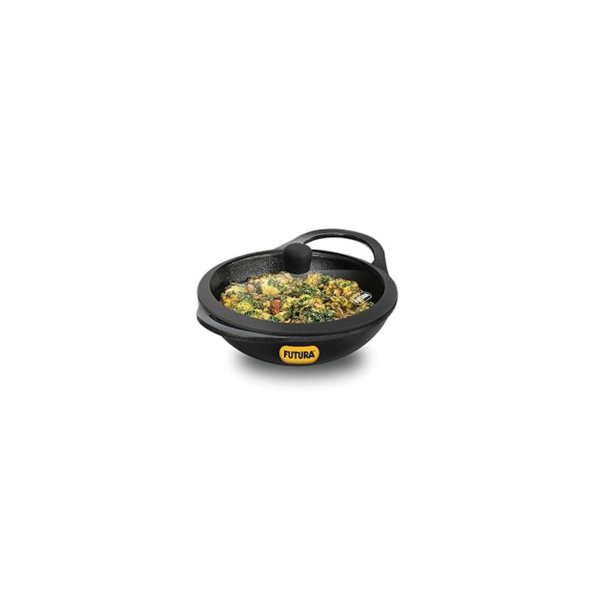 Hawkins Futura 2 Litre Cast Iron Kadhai, Naturally Nonstick Cast Iron Kadai with Glass Lid, Cast Iron Cookware for Kitchen, Black (CIK20G)