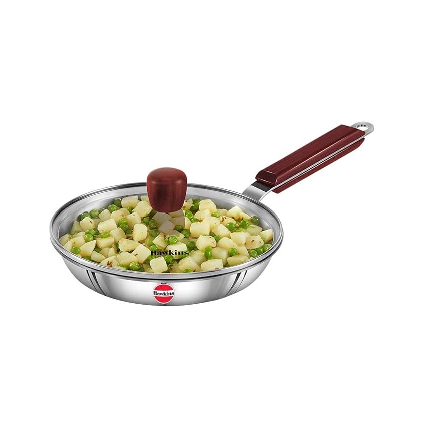 Hawkins 20 cm Frying Pan, Triply Stainless Steel Fry Pan with Glass Lid, Induction Frying Pan, Small Frying Pan, Silver (SSF20G)