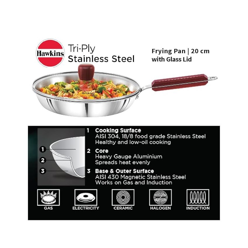 Hawkins 20 cm Frying Pan, Triply Stainless Steel Fry Pan with Glass Lid, Induction Frying Pan, Small Frying Pan, Silver (SSF20G)