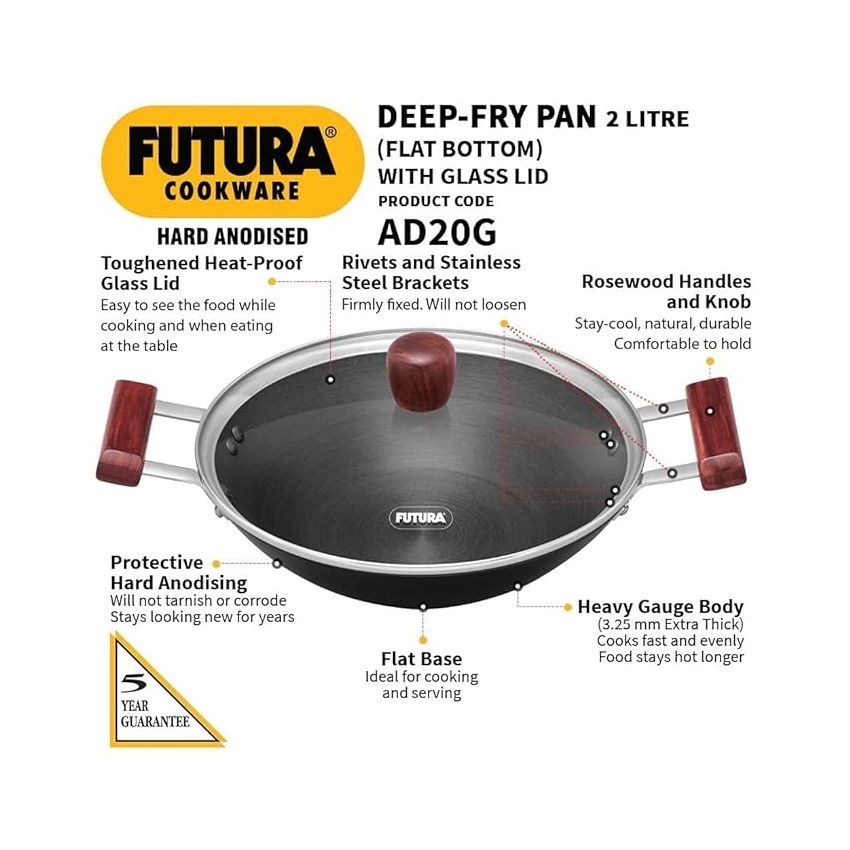 Hawkins Futura 2 Litre Deep Fry Pan, Hard Anodised Kadai with Glass Lid, Flat Bottom Kadhai, Black (AD20G)