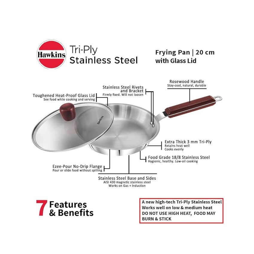 Hawkins 20 cm Frying Pan, Triply Stainless Steel Fry Pan with Glass Lid, Induction Frying Pan, Small Frying Pan, Silver (SSF20G)