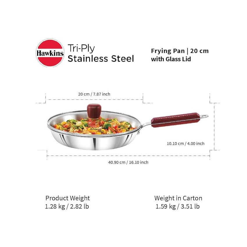 Hawkins 20 cm Frying Pan, Triply Stainless Steel Fry Pan with Glass Lid, Induction Frying Pan, Small Frying Pan, Silver (SSF20G)