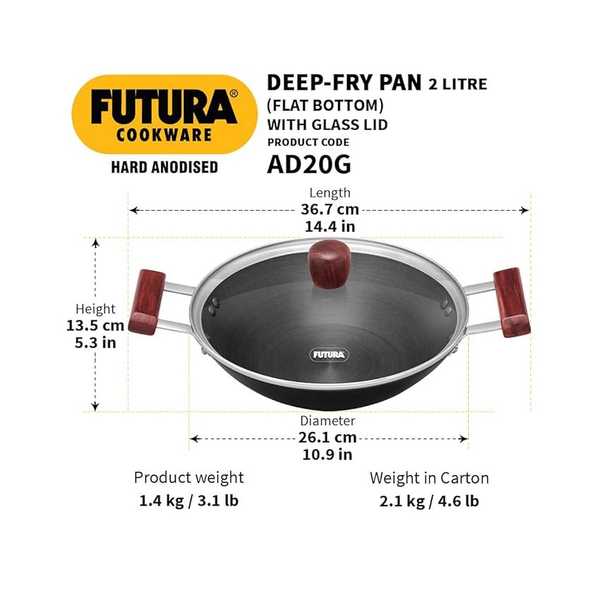 Hawkins Futura 2 Litre Deep Fry Pan, Hard Anodised Kadai with Glass Lid, Flat Bottom Kadhai, Black (AD20G)