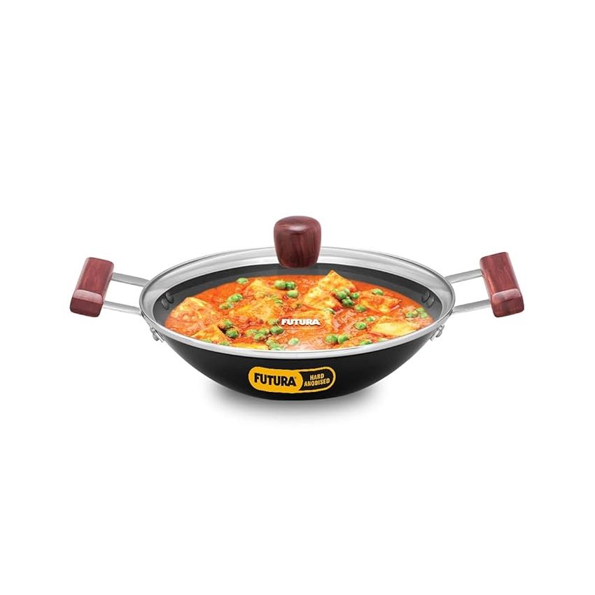 Hawkins Futura 2 Litre Deep Fry Pan, Hard Anodised Kadai with Glass Lid, Flat Bottom Kadhai, Black (AD20G)