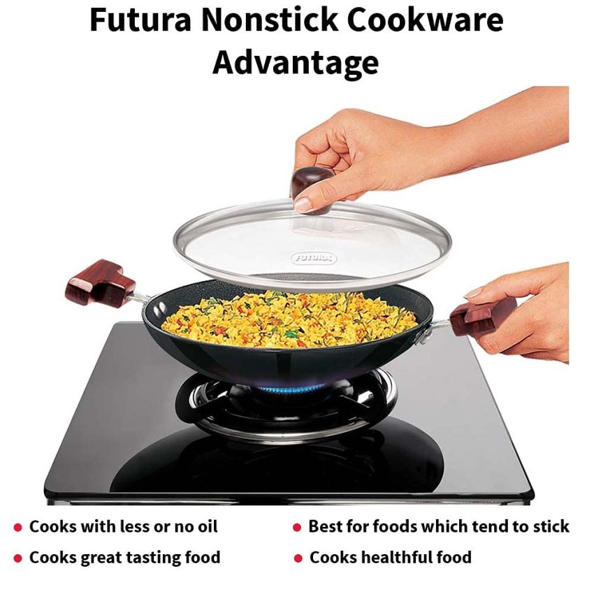 Hawkins FUTURA 0.9 Litre Breakfast Pan with Glass Lid, Nonstick Cookware, Appachatty, Chetty Pan, Appam Patra, Round Bottom Kadai, Black (NBFP09G) - 217 mm