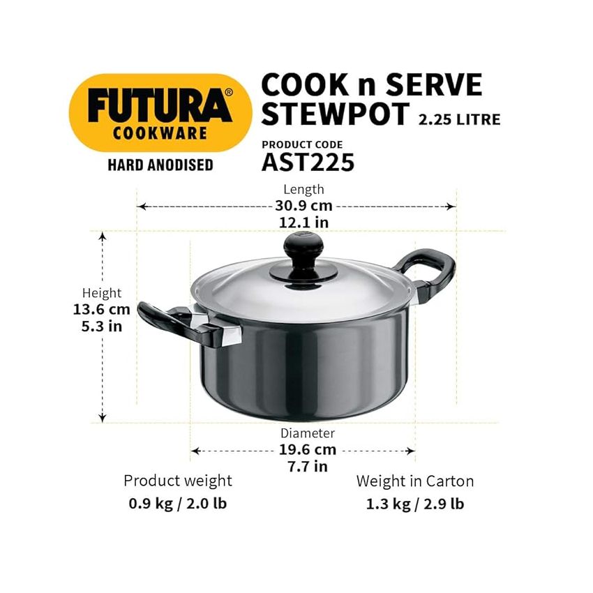Hawkins Futura 2.25 Litre Cook n Serve Stewpot, Hard Anodised Sauce Pan with Stainless Steel Lid, Cooking Pot with Two Handles, Black (AST225)