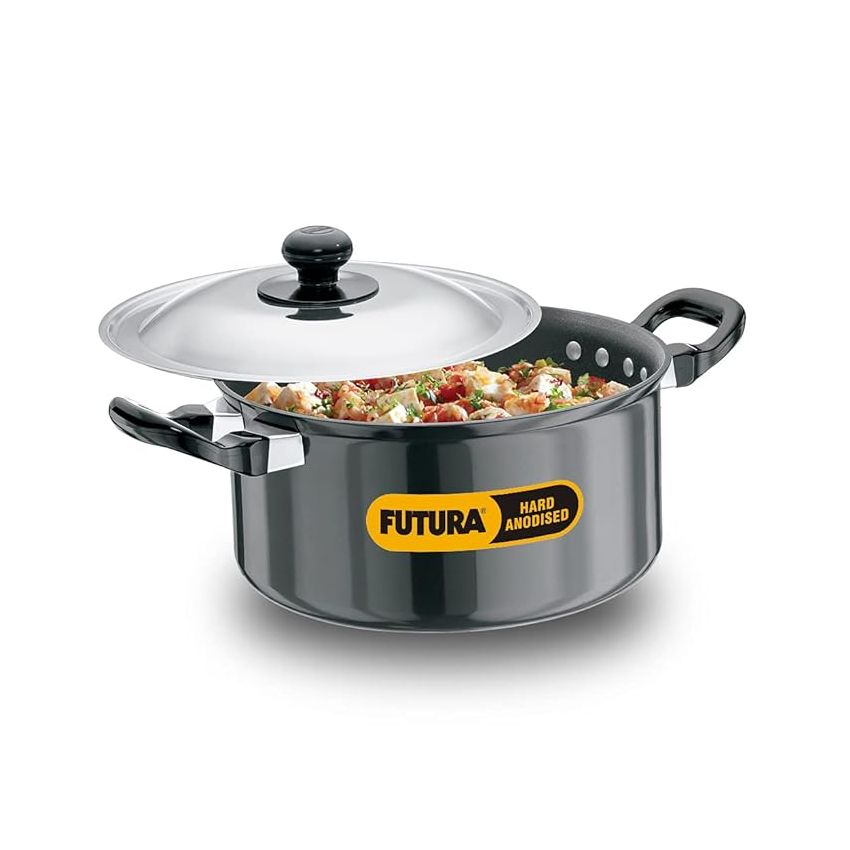 Hawkins Futura 2.25 Litre Cook n Serve Stewpot, Hard Anodised Sauce Pan with Stainless Steel Lid, Cooking Pot with Two Handles, Black (AST225)