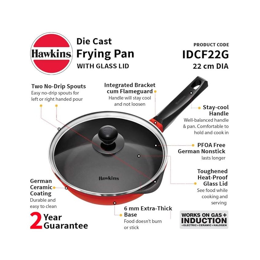 Hawkins 22 cm Frying Pan, Die Cast Non Stick Fry Pan, Ceramic Coated Pan, Induction Frying Pan, Small Frying Pan, Red (IDCF22)