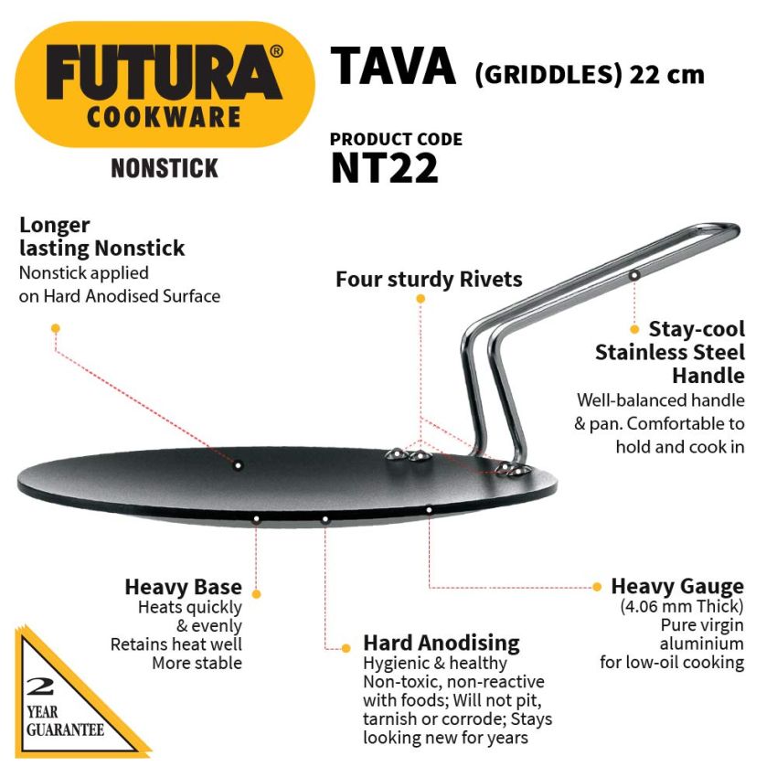 Hawkins Futura 22 cm Tava, Non Stick Tawa with Stainless Steel Handle, Black (NT22)
