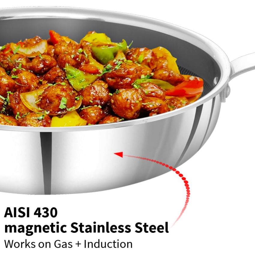 Hawkins 22 cm Frying Pan, Triply Stainless Steel Shielded Nonstick Fry Pan with Rosewood Handle, Honeycomb, Non Stick, Induction, Silver (NSF22)