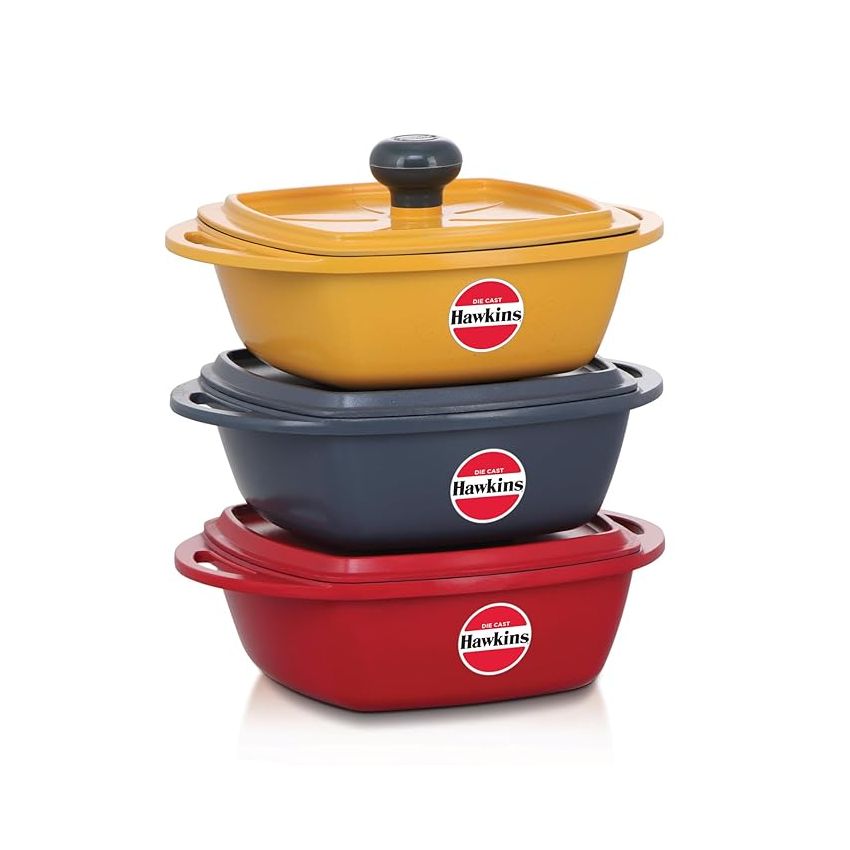Hawkins Kitchen Gift Pack 2023 (23DGP) 3 Pieces Set of Die-Cast Square Mini Casseroles for Cooking, Reheating, Serving and Storing, Aluminium, Red, Yellow, Grey, 2.25 litre