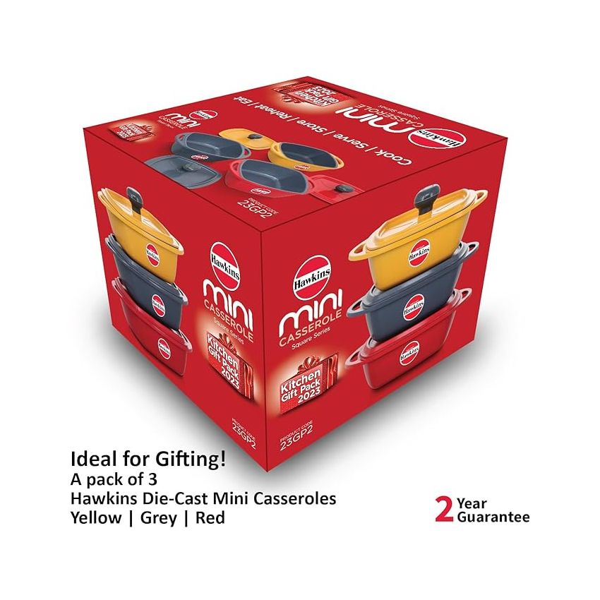 Hawkins Kitchen Gift Pack 2023 (23DGP) 3 Pieces Set of Die-Cast Square Mini Casseroles for Cooking, Reheating, Serving and Storing, Aluminium, Red, Yellow, Grey, 2.25 litre