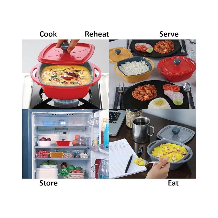 Hawkins Kitchen Gift Pack 2023 (23DGP) 3 Pieces Set of Die-Cast Square Mini Casseroles for Cooking, Reheating, Serving and Storing, Aluminium, Red, Yellow, Grey, 2.25 litre