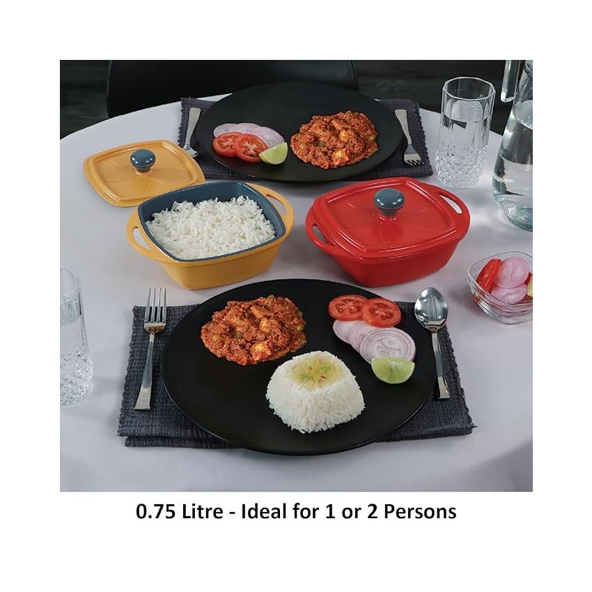 Hawkins Kitchen Gift Pack 2023 (23DGP) 3 Pieces Set of Die-Cast Square Mini Casseroles for Cooking, Reheating, Serving and Storing, Aluminium, Red, Yellow, Grey, 2.25 litre