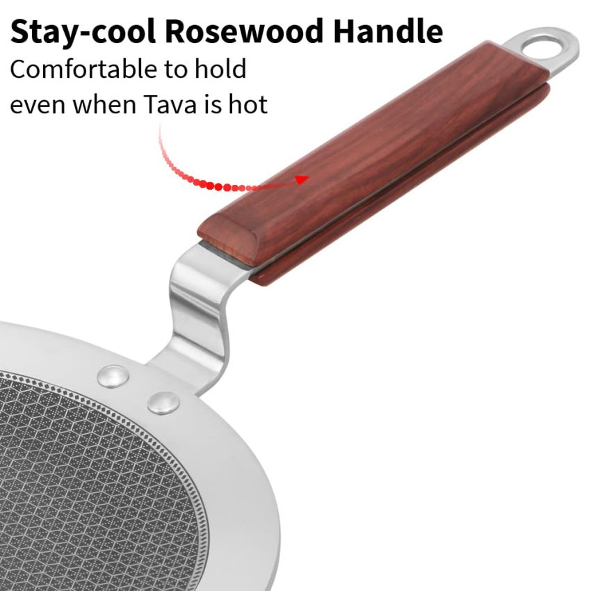 Hawkins 24 cm Paratha Tava, Triply Stainless Steel Shielded Nonstick Tawa with Rosewood Handle, Honeycomb Non Stick Induction Tawa, Silver (NSPT24)