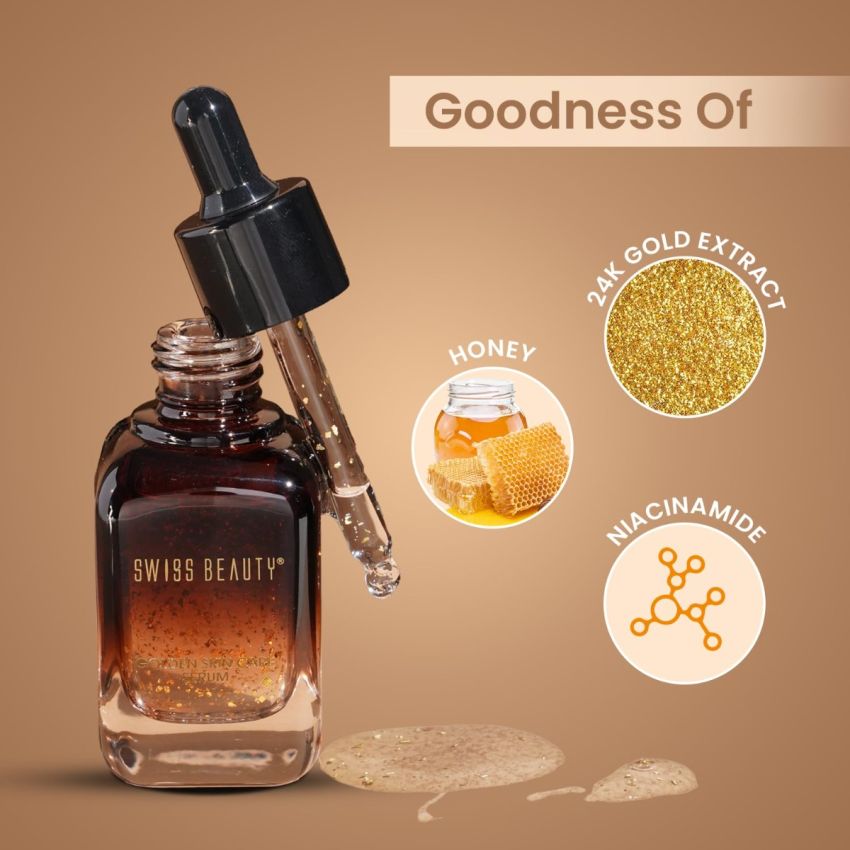 Swiss Beauty 24K Gold Lightweight Skin Care Serum | With Honey & Niacinamide | Reduce fine lines and wrinkles, gives radiant glow | For all skin types | 40ml