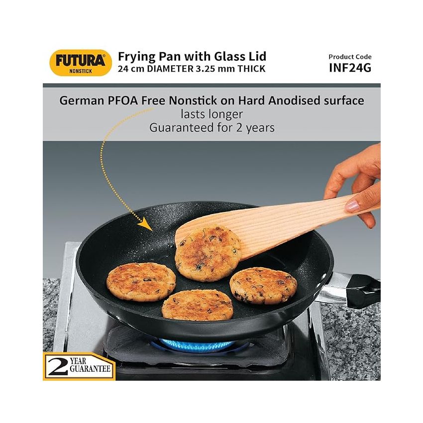 Hawkins Futura 24 cm Frying Pan, Nonstick Fry Pan with Glass Lid, Induction Non Stick Pan, Black (INF24G)