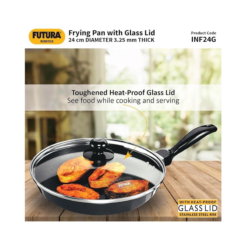 Hawkins Futura 24 cm Frying Pan, Nonstick Fry Pan with Glass Lid, Induction Non Stick Pan, Black (INF24G)
