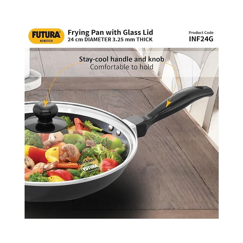 Hawkins Futura 24 cm Frying Pan, Nonstick Fry Pan with Glass Lid, Induction Non Stick Pan, Black (INF24G)