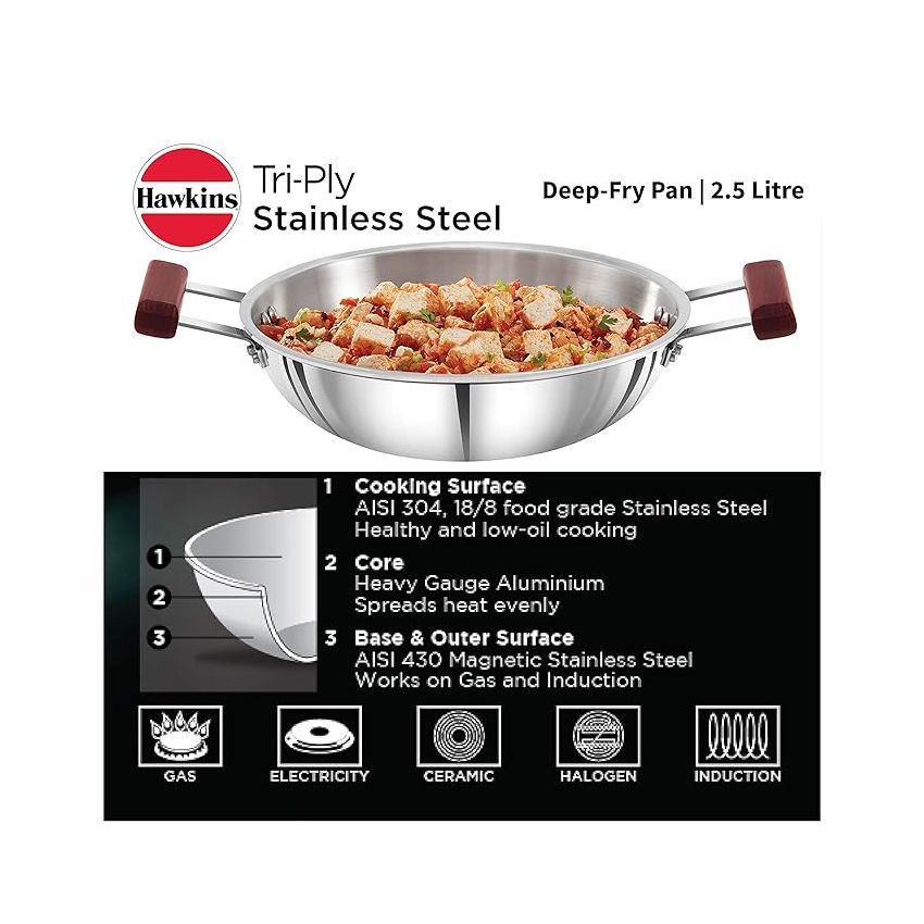 Hawkins 2.5 Litre Deep Fry Pan, Triply Stainless Steel Kadai, Flat Bottom Induction Kadhai, Silver (SSD25)