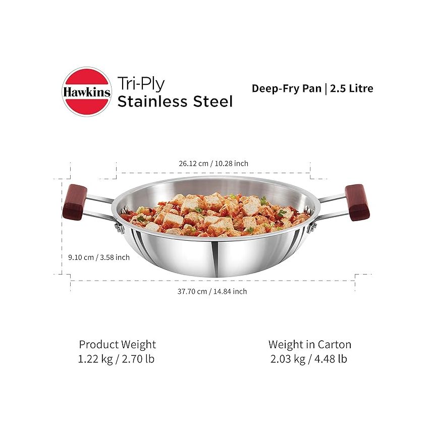 Hawkins 2.5 Litre Deep Fry Pan, Triply Stainless Steel Kadai, Flat Bottom Induction Kadhai, Silver (SSD25)