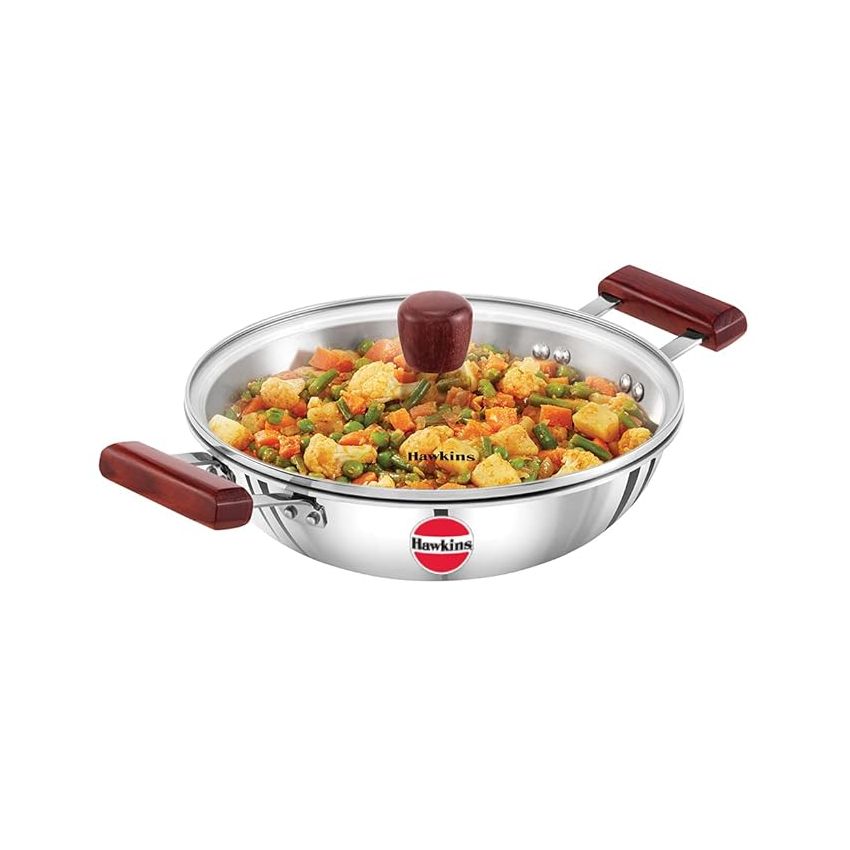 Hawkins 2.5 Litre Deep Fry Pan, Triply Stainless Steel Kadai with Glass Lid, Flat Bottom Induction Kadhai, Silver (SSD25G)