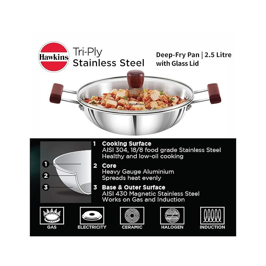 Hawkins 2.5 Litre Deep Fry Pan, Triply Stainless Steel Kadai with Glass Lid, Flat Bottom Induction Kadhai, Silver (SSD25G)