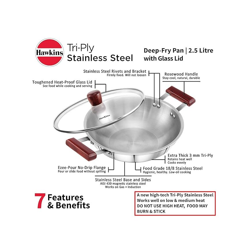 Hawkins 2.5 Litre Deep Fry Pan, Triply Stainless Steel Kadai with Glass Lid, Flat Bottom Induction Kadhai, Silver (SSD25G)