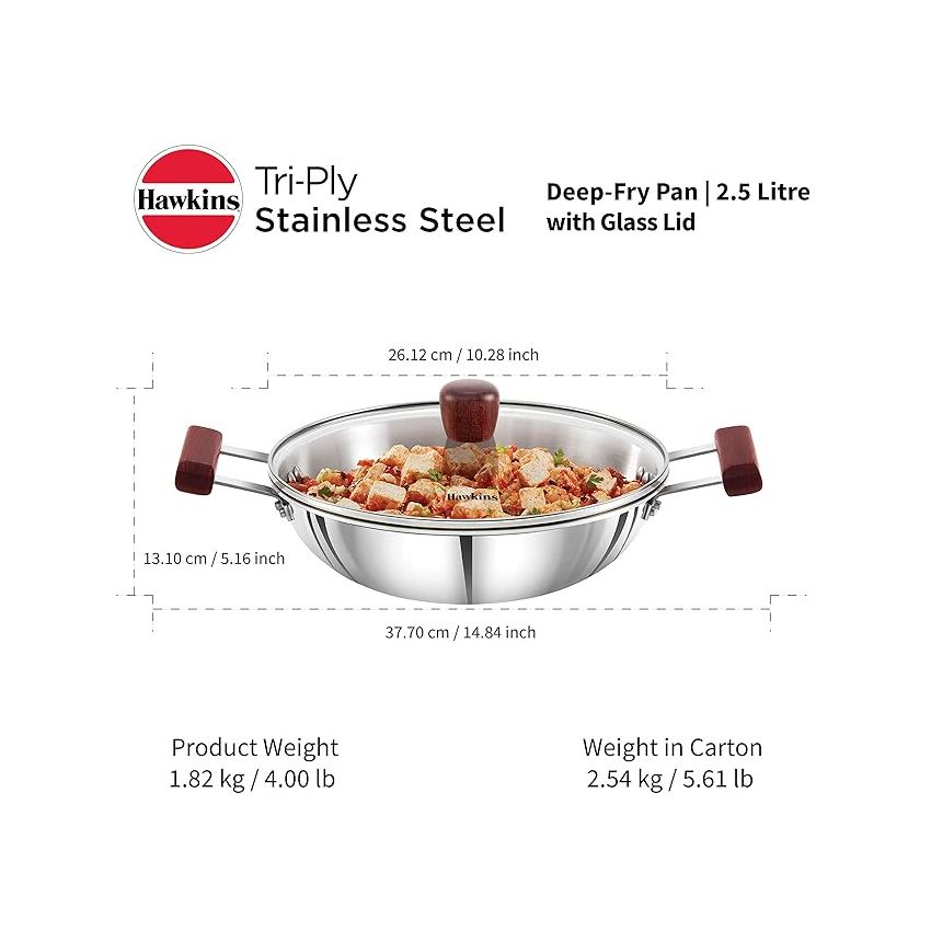 Hawkins 2.5 Litre Deep Fry Pan, Triply Stainless Steel Kadai with Glass Lid, Flat Bottom Induction Kadhai, Silver (SSD25G)