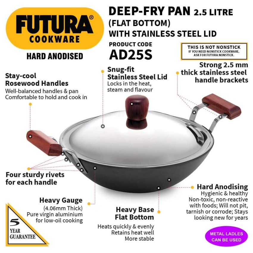 Hawkins Futura 2.5 Litre Deep Fry Pan, Hard Anodised Kadai with Stainless Steel Lid, Flat Bottom Kadhai, Black (AD25S)