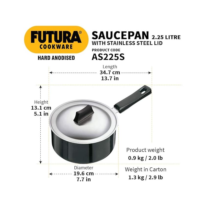 Hawkins Futura 2.25 Litre Saucepan, Hard Anodised Sauce Pan with Stainless Steel Lid, Cooking Pot with Long Handle, Black (AS225S)