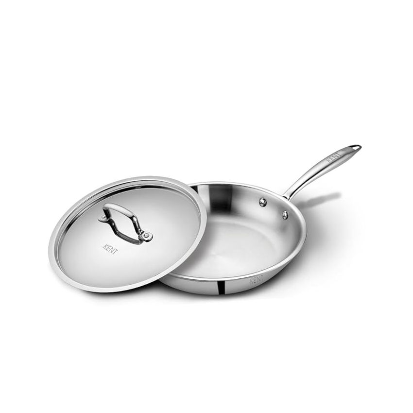 KENT Triply Frying Pan 26 CM with SS Lid 2.3 L | Cool-Touch Diecast Handle | Induction Friendly | Dishwasher Safe (Stainless Steel;Aluminium)