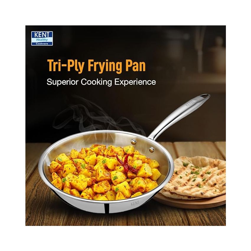 KENT Triply Frying Pan 26 CM with SS Lid 2.3 L | Cool-Touch Diecast Handle | Induction Friendly | Dishwasher Safe (Stainless Steel;Aluminium)