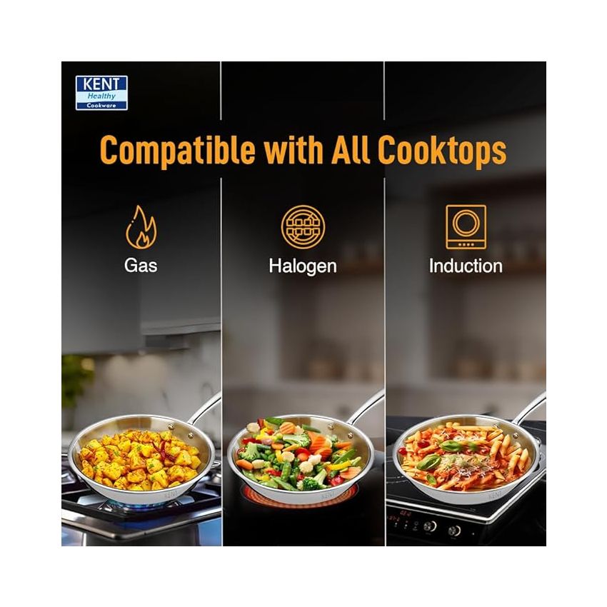 KENT Triply Frying Pan 26 CM with SS Lid 2.3 L | Cool-Touch Diecast Handle | Induction Friendly | Dishwasher Safe (Stainless Steel;Aluminium)