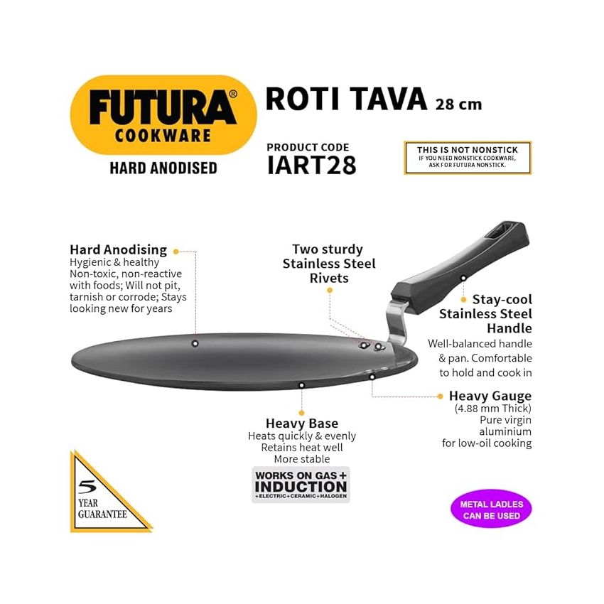 Hawkins Futura 28 cm Roti Tava, Hard Anodised Tawa, Induction Tawa, Black (IART28)