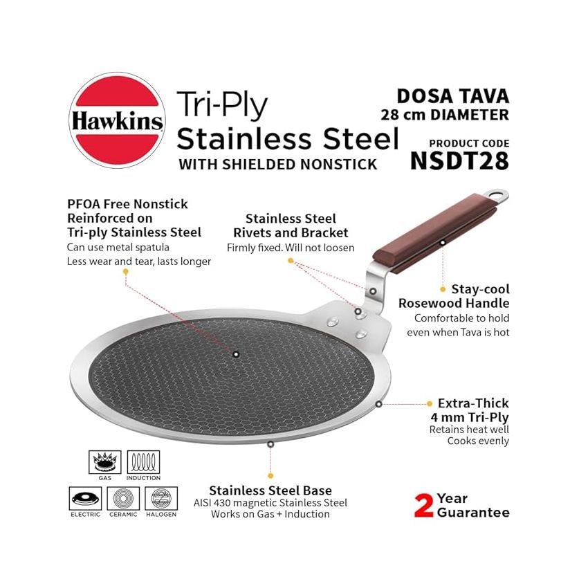 Hawkins 28 cm Dosa Tava, Triply Stainless Steel Shielded Nonstick Tawa with Rosewood Handle, Honeycomb Non Stick Induction Tawa, Silver (NSDT28)