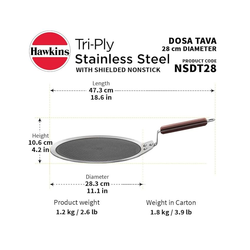 Hawkins 28 cm Dosa Tava, Triply Stainless Steel Shielded Nonstick Tawa with Rosewood Handle, Honeycomb Non Stick Induction Tawa, Silver (NSDT28)