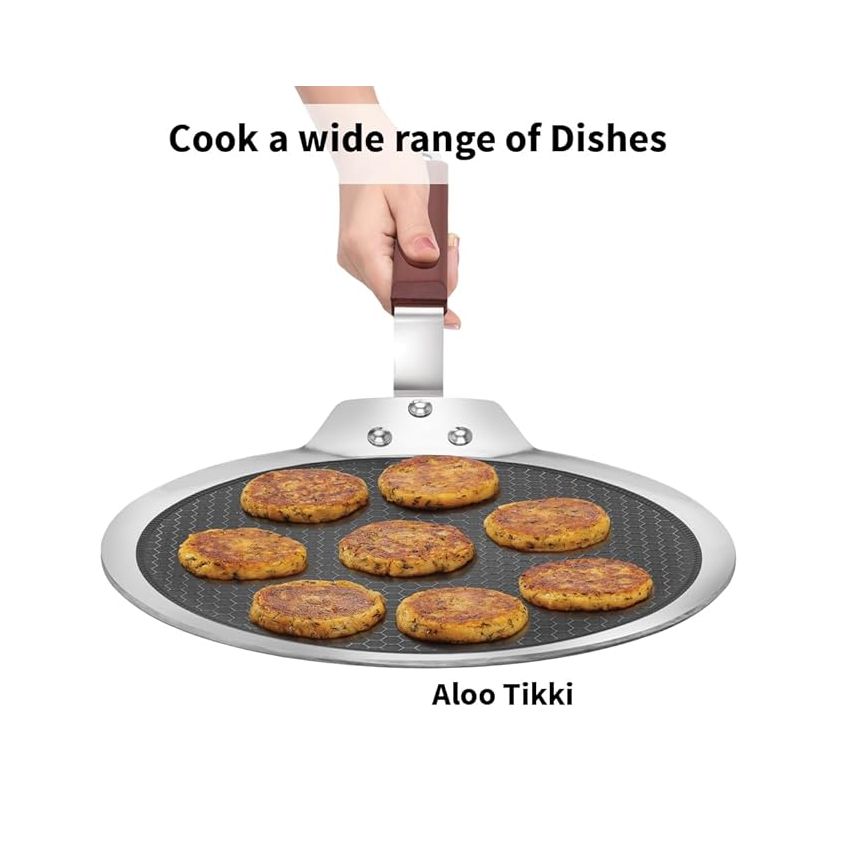 Hawkins 28 cm Dosa Tava, Triply Stainless Steel Shielded Nonstick Tawa with Rosewood Handle, Honeycomb Non Stick Induction Tawa, Silver (NSDT28)