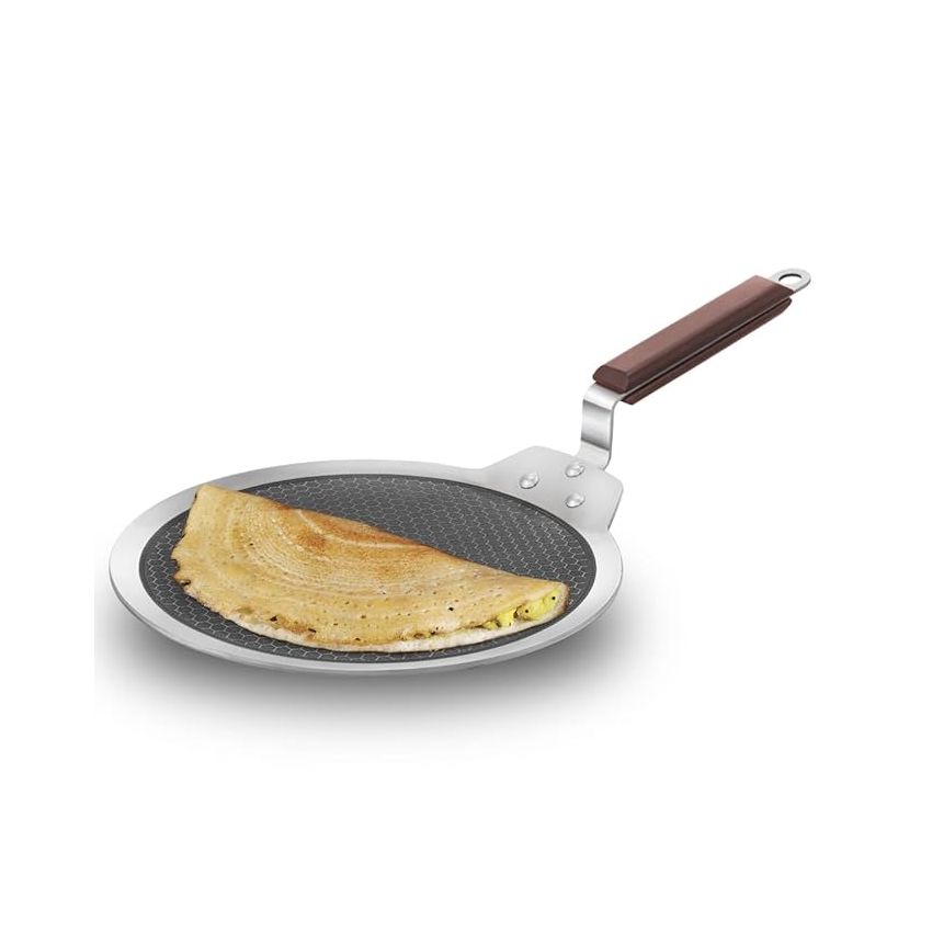 Hawkins 28 cm Dosa Tava, Triply Stainless Steel Shielded Nonstick Tawa with Rosewood Handle, Honeycomb Non Stick Induction Tawa, Silver (NSDT28)