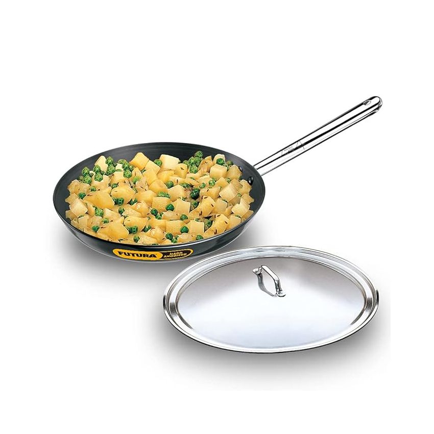 Hawkins Futura 29 cm Frying Pan, Hard Anodised Fry Pan with Stainless Steel Handle and Stainless Steel Lid, Big Frying Pan, Black (AF29S)