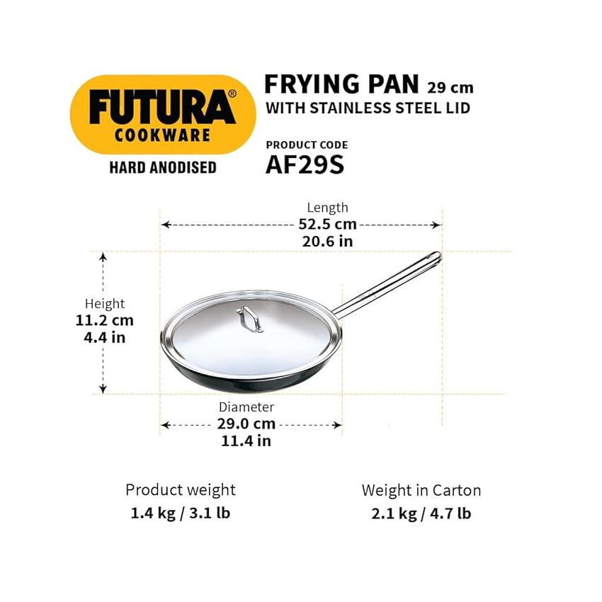 Hawkins Futura 29 cm Frying Pan, Hard Anodised Fry Pan with Stainless Steel Handle and Stainless Steel Lid, Big Frying Pan, Black (AF29S)