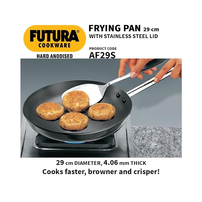 Hawkins Futura 29 cm Frying Pan, Hard Anodised Fry Pan with Stainless Steel Handle and Stainless Steel Lid, Big Frying Pan, Black (AF29S)