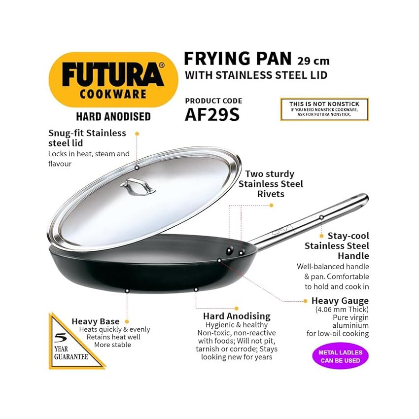 Hawkins Futura 29 cm Frying Pan, Hard Anodised Fry Pan with Stainless Steel Handle and Stainless Steel Lid, Big Frying Pan, Black (AF29S)