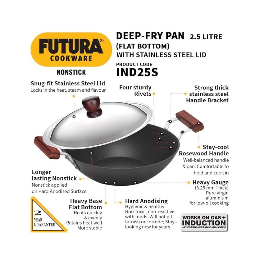 Hawkins Futura 3.5 Litre Deep Kadhai, Non Stick Kadai with Stainless Steel Lid, Flat Bottom Induction Kadhai, Black (INK35S)