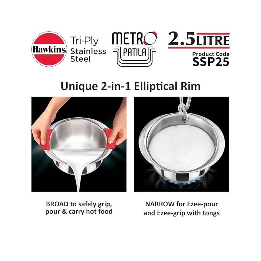 Hawkins 2.5 Litre Metro Patila, Triply Stainless Steel Tope, Induction Bhagona, Tapeli, Silver (SSP25)