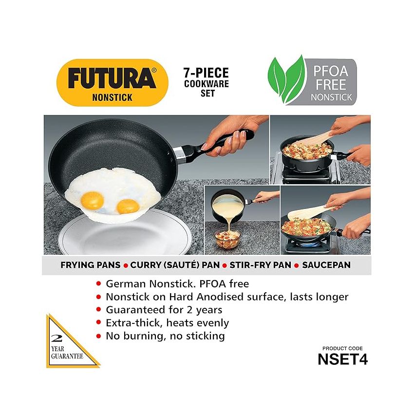 Hawkins Futura 5 Pieces Cookware Set 4 - Non Stick Kadhai, Two Frying Pans, Saucepan, Saute Pan and Two Glass Lids, Black (NSET4)