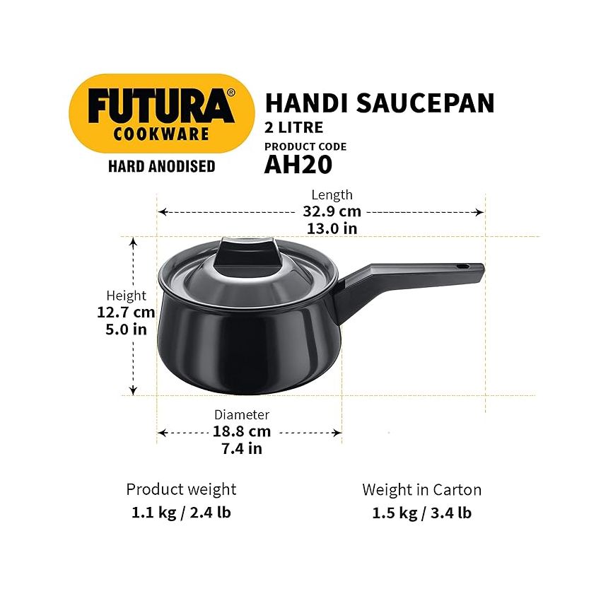 Futura Hard Anodised Handi (Saucepan) 2 L, 18 cm, 4.06 mm with Single Handle