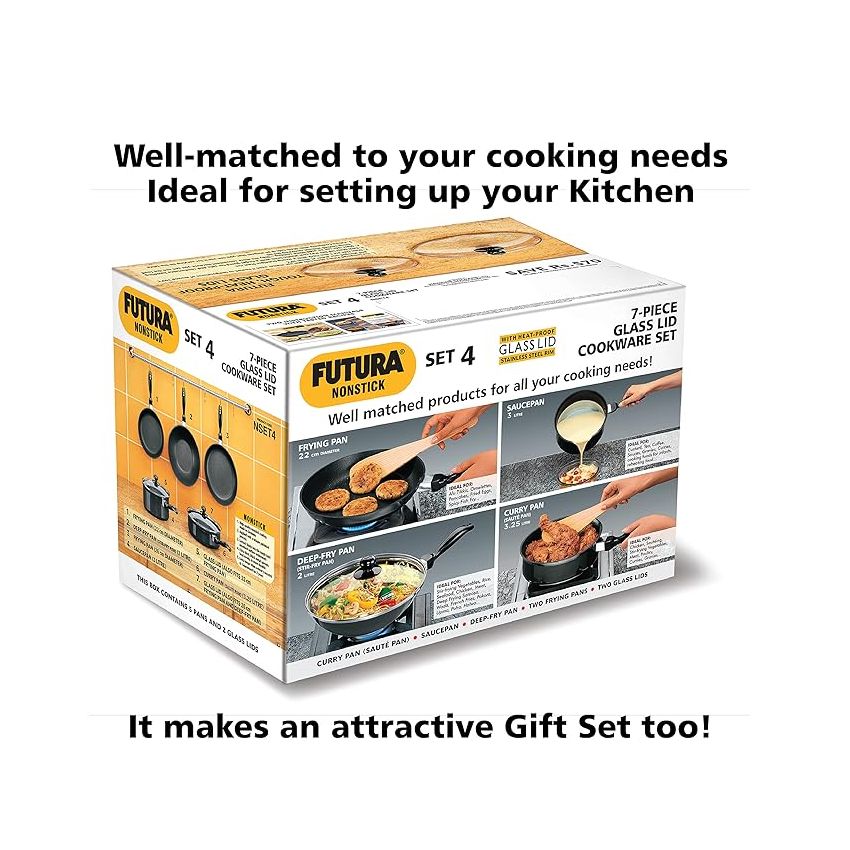 Hawkins Futura 5 Pieces Cookware Set 4 - Non Stick Kadhai, Two Frying Pans, Saucepan, Saute Pan and Two Glass Lids, Black (NSET4)