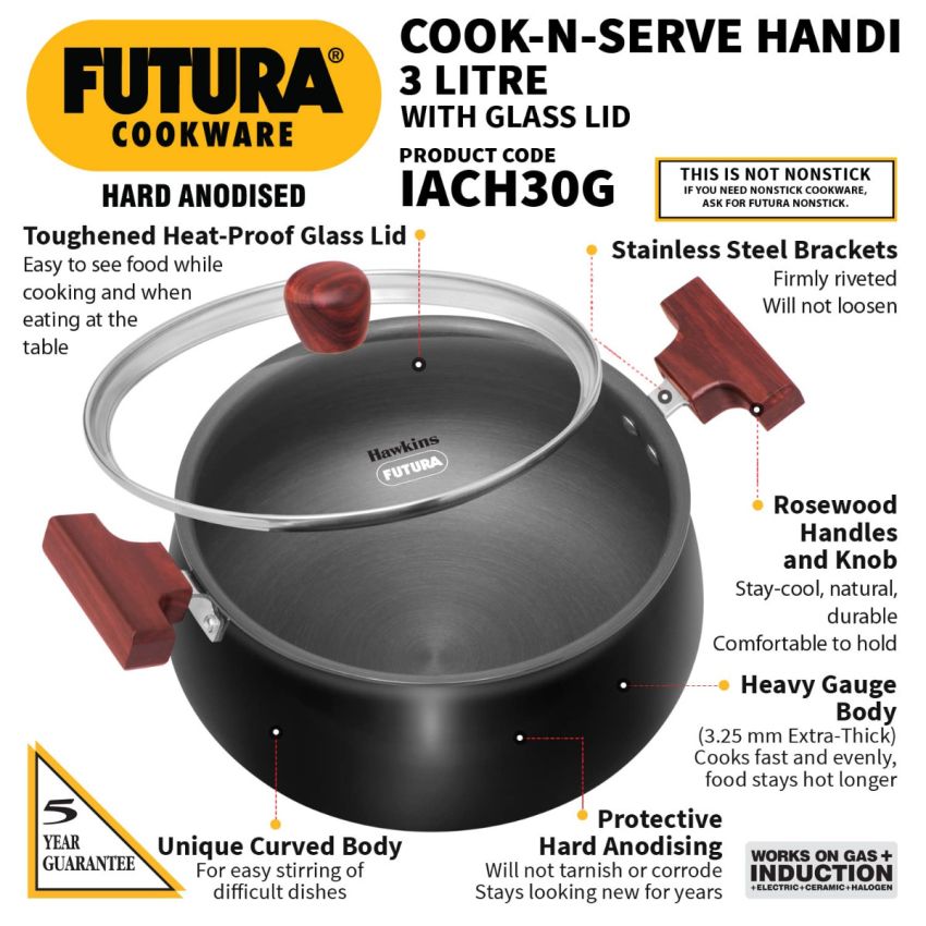 Hawkins Futura 3 Litre Cook N Serve Handi, Hard Anodised Biryani Handi With Glass Lid, Induction Saucepan, Sauce Pan, Black (Iach30G),Polished, 3 Liter