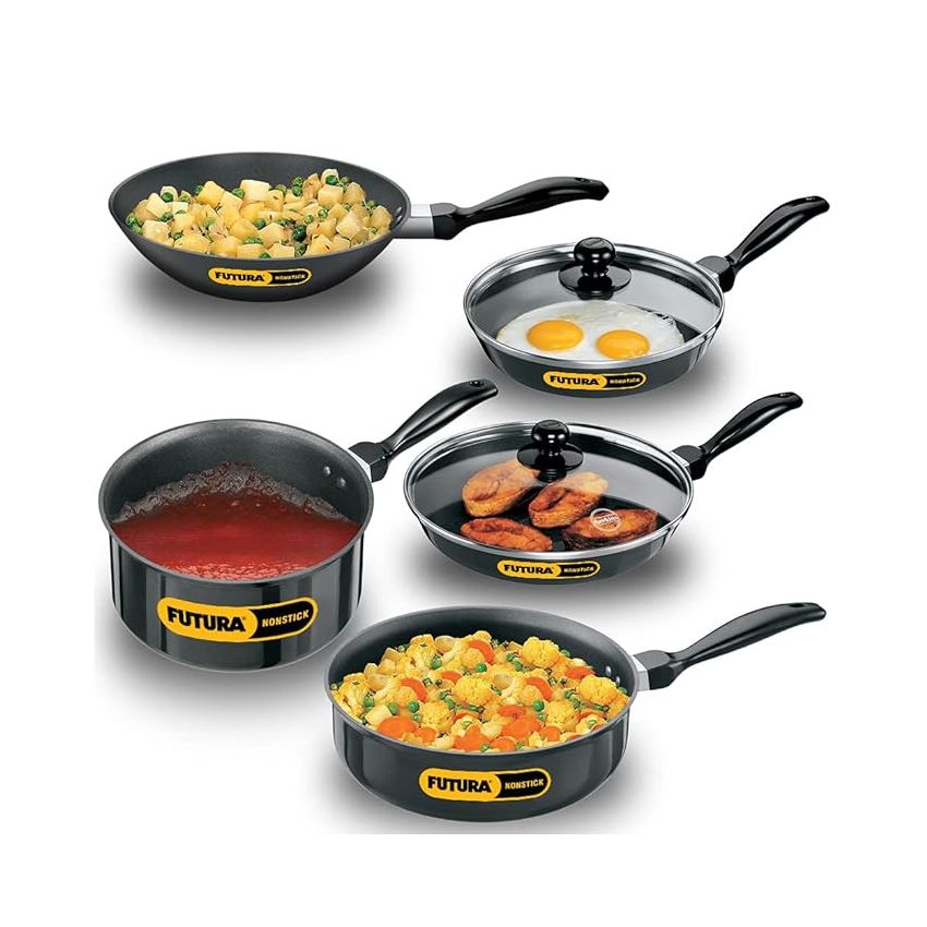 Hawkins Futura 5 Pieces Cookware Set 4 - Non Stick Kadhai, Two Frying Pans, Saucepan, Saute Pan and Two Glass Lids, Black (NSET4)